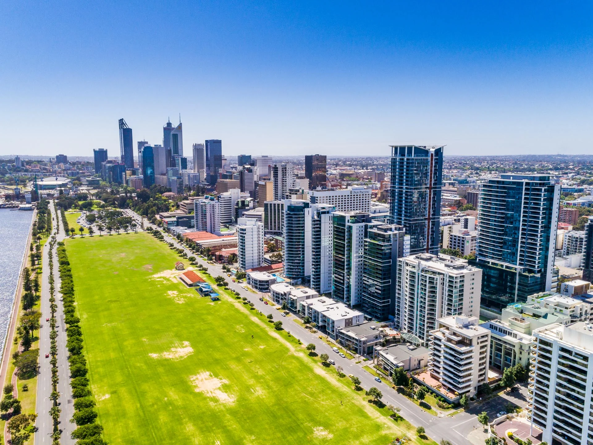 Perth’s riverfront, residential towers and Langley Park